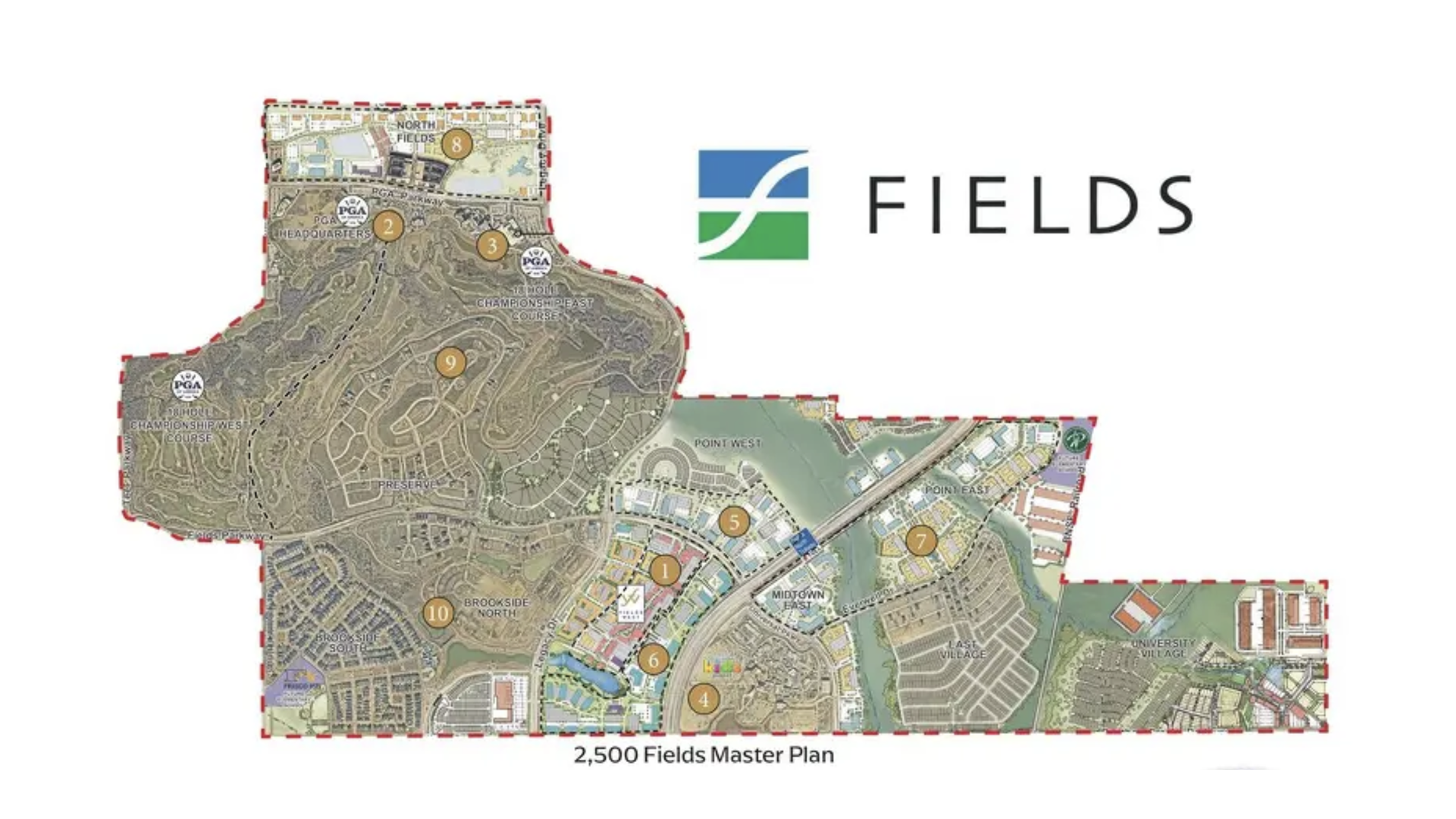 Fields master plan aerial rendering with Fields logo